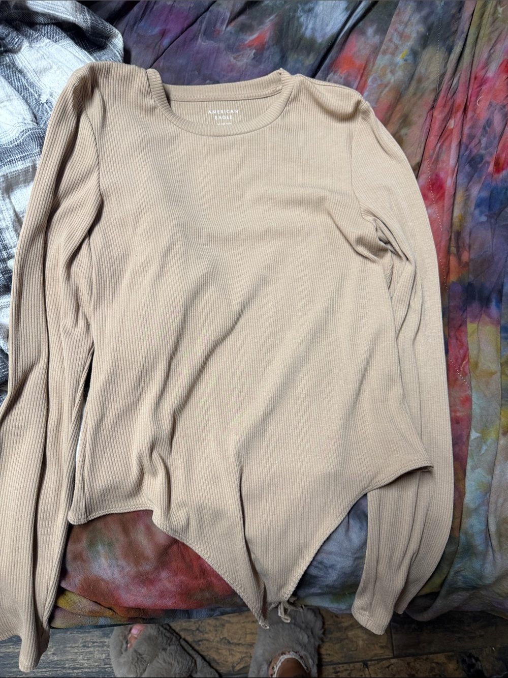 American Eagle Outfitters Beige Ribbed Long-Sleeve Bodysuit